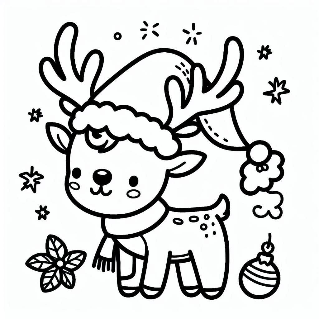 Desenho de uma Rena de Natal Alegre para Colorir e Pintar