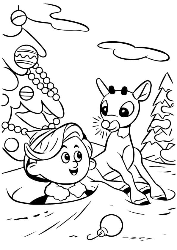Desenho de Rudolph a Rena Vermelha para Pintar com Giz de Cera