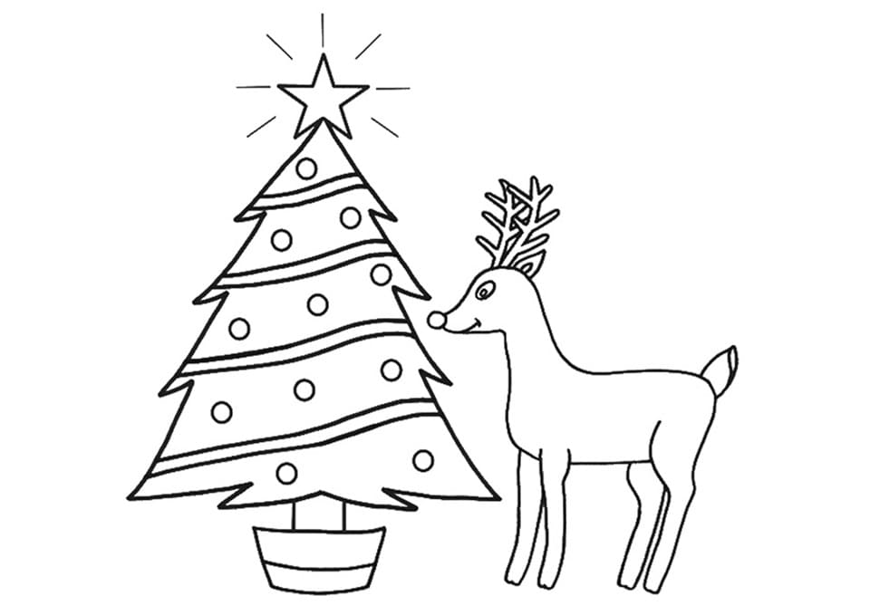 Desenho de Rudolph e Árvore de Natal para Colorir e Pintar