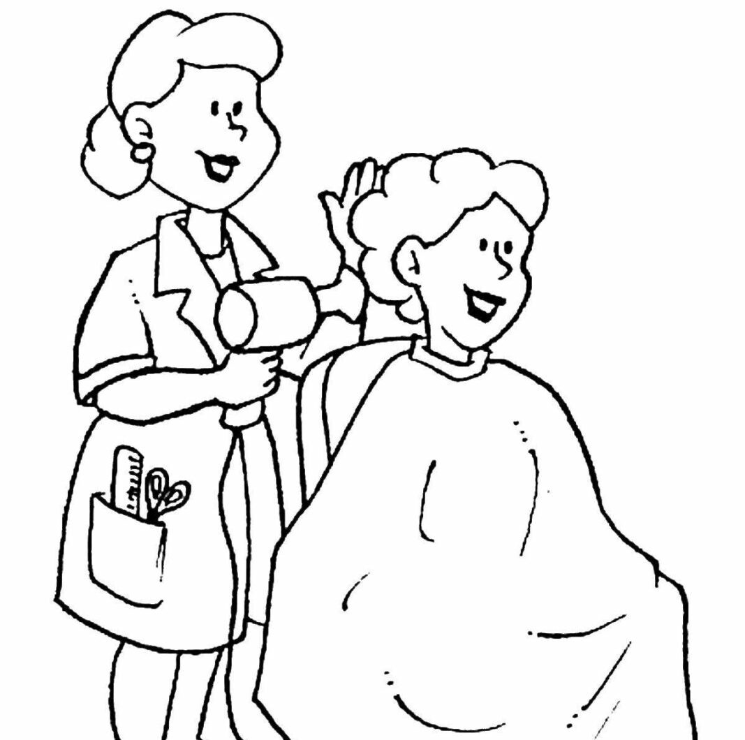 Desenho de Mulher Fazendo Penteado em Salão de Beleza para Pintar