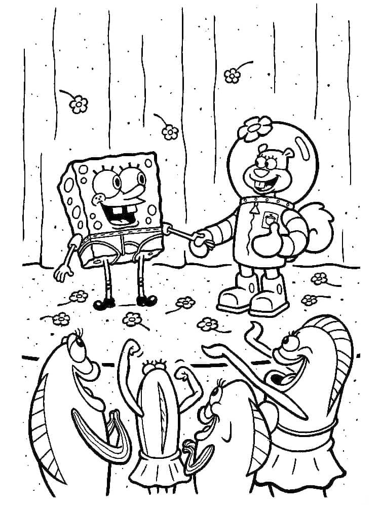 Desenho de Sandy Bochechas com Bob Esponja para Colorir e Pintar