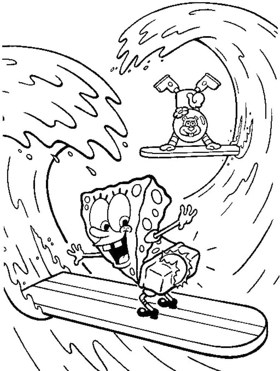 Desenho de Sandy Bochechas e Bob Esponja Surfando para Colorir e Pintar