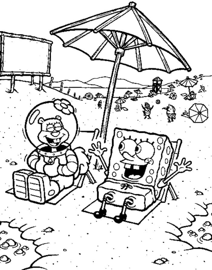 Desenho de Sandy e Bob Esponja na Praia para Colorir e Pintar