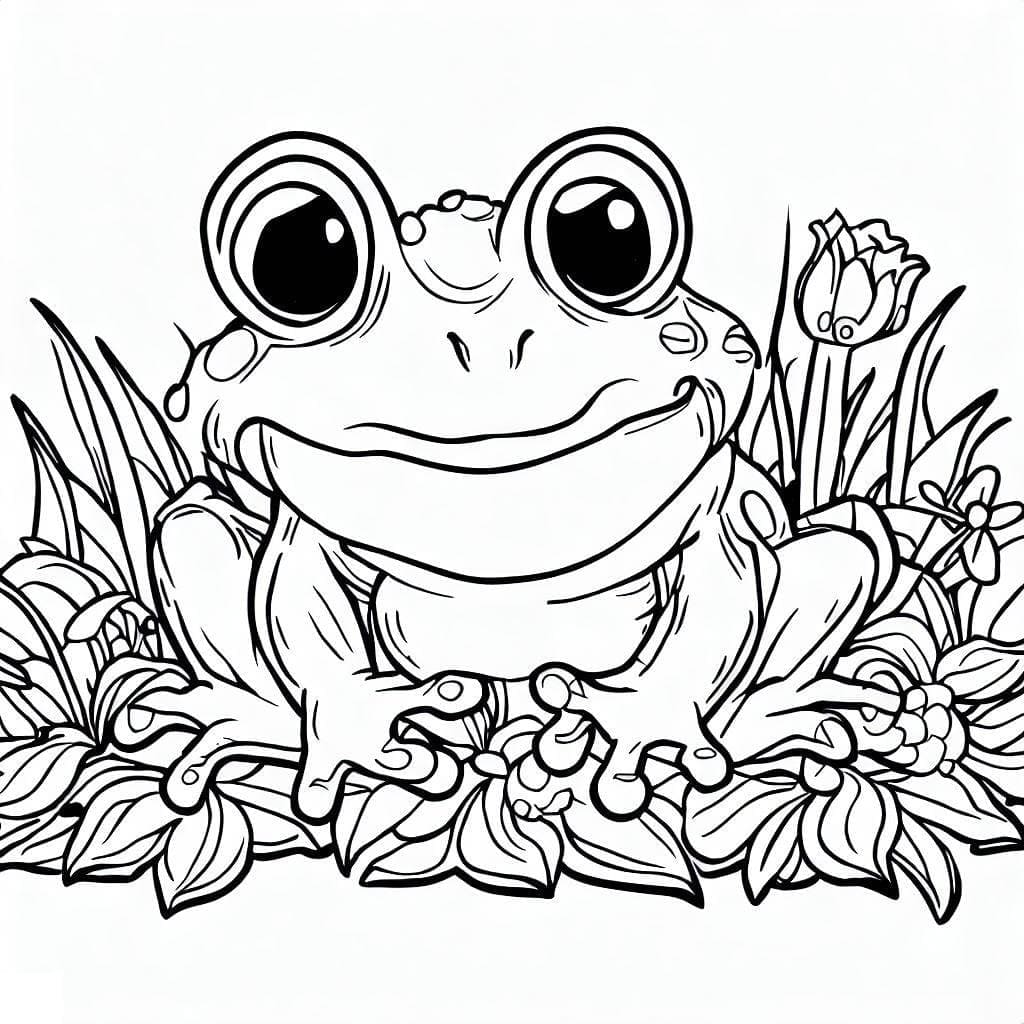 Desenho de Sapo Bonito no Jardim para Colorir e Pintar