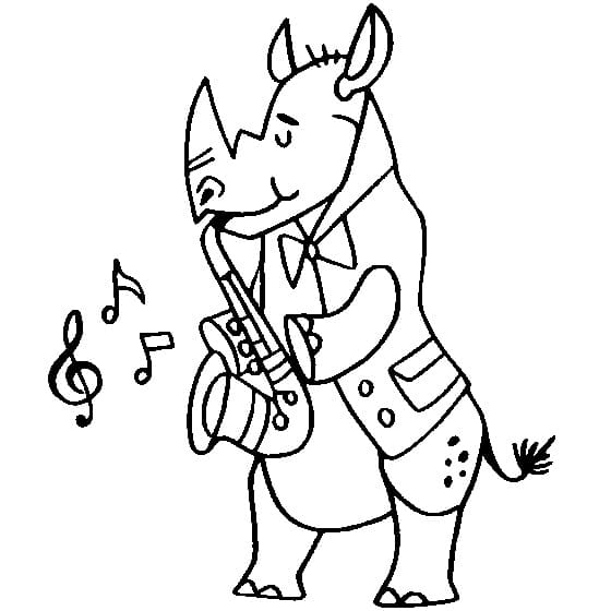 Desenho Rinoceronte Tocando Saxofone para Colorir e Pintar
