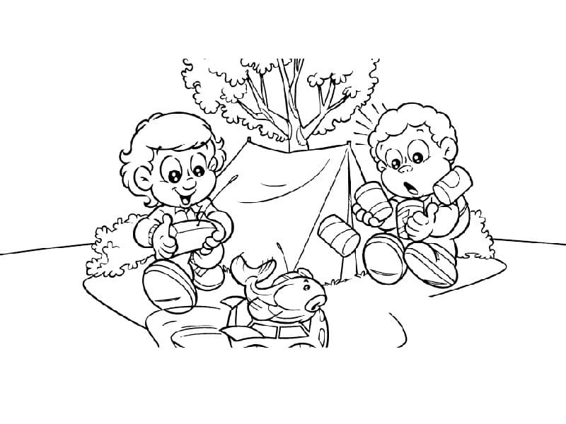 Desenho de Senninha Assando Marshmallow em Acampamento para Colorir e Pintar