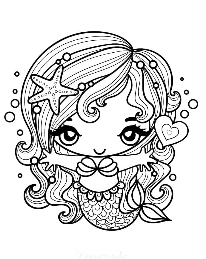 Desenho de Sereia Kawaii para Colorir e Pintar