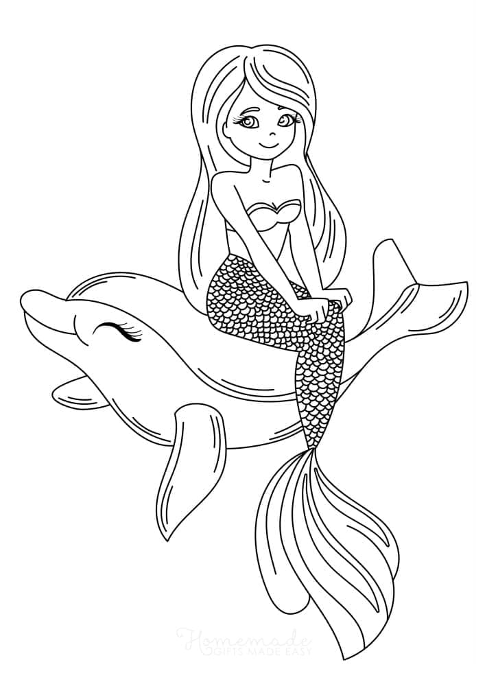 Desenho de Sereia com Golfinho para Colorir e Pintar