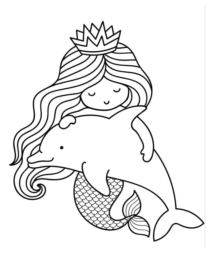 Desenho de Sereia com um Golfinho para Colorir e Pintar