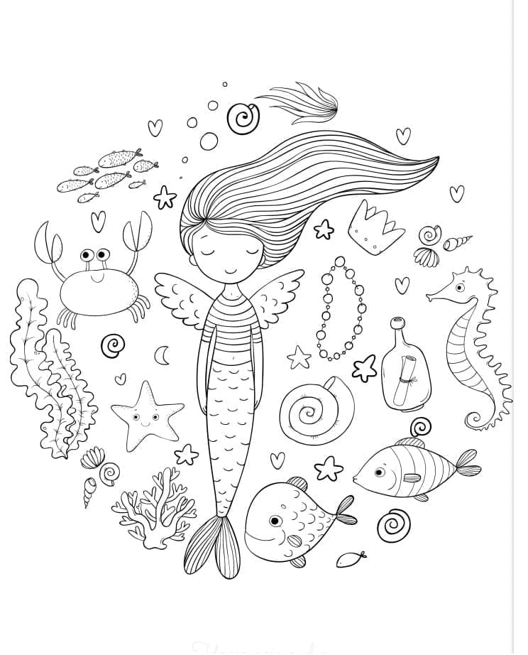 Desenho de Sereia e Animais Marinhos para Colorir e Pintar
