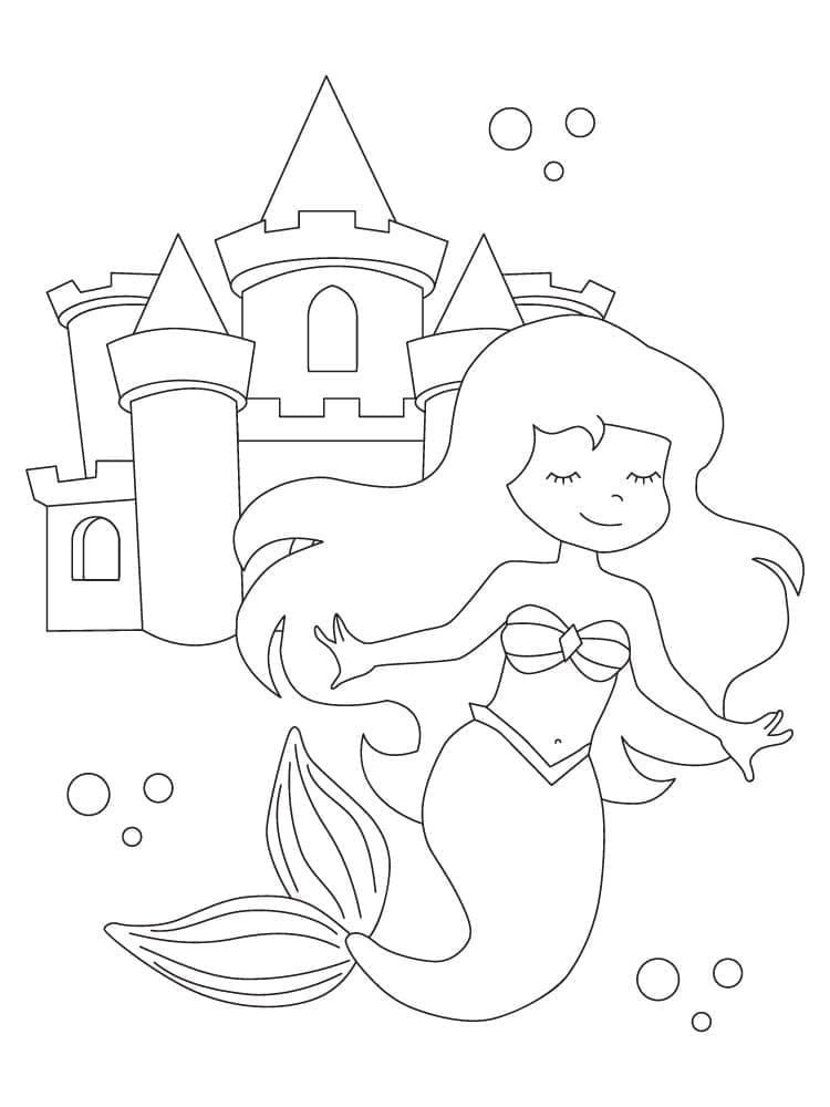 Desenho de Sereia e Castelo para Colorir e Pintar