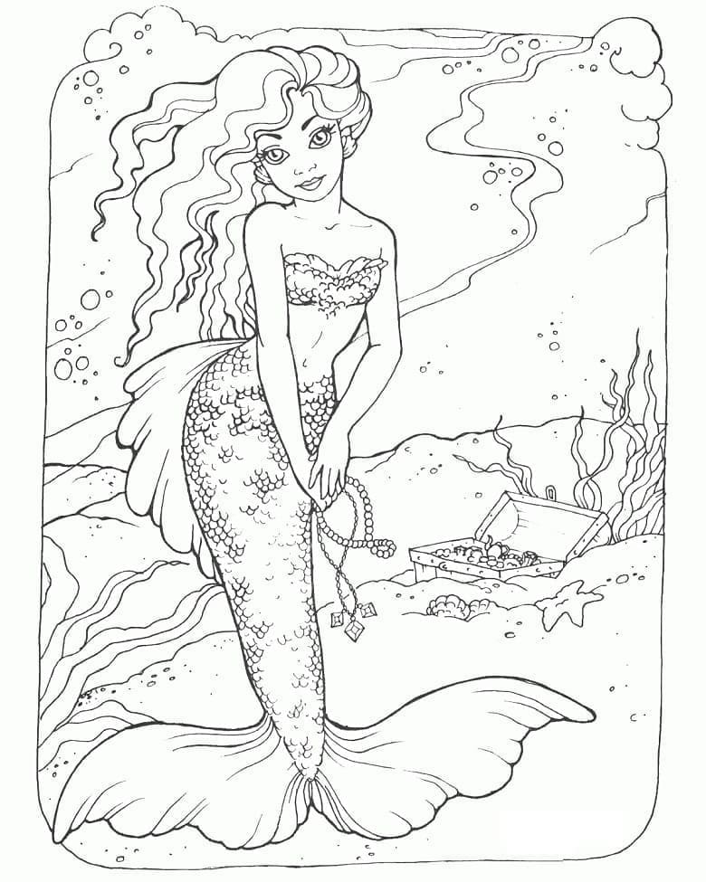 Desenho de Sereia no Fundo do Mar para Colorir e Pintar
