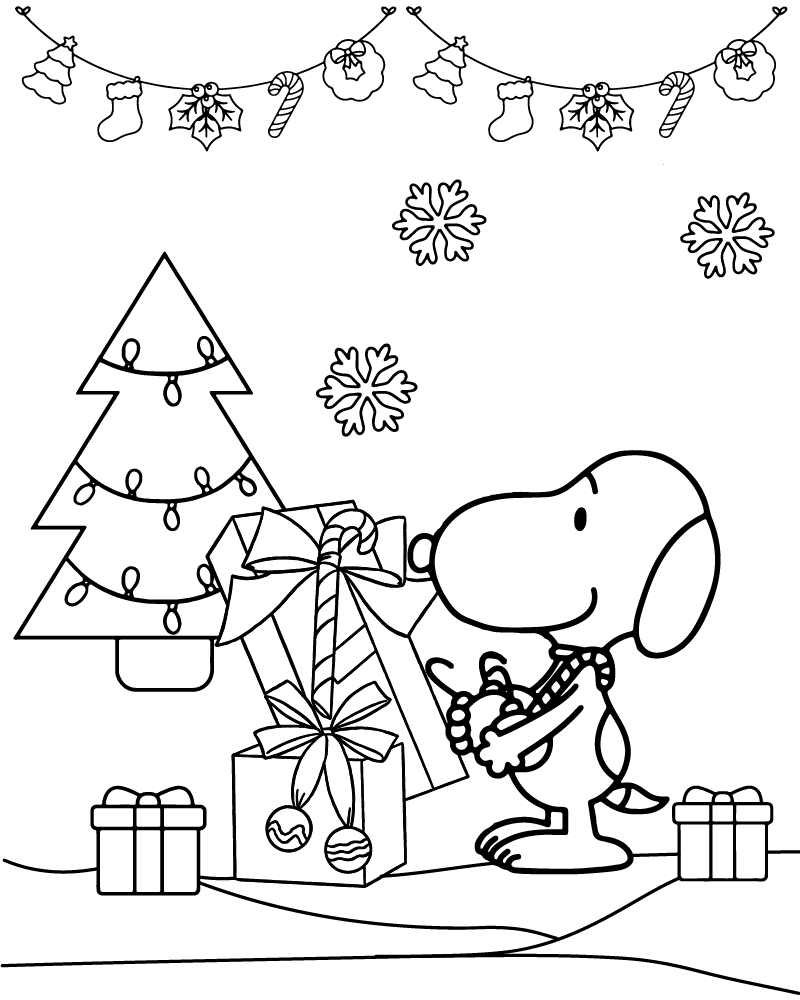 Desenho Snoopy Abrindo Presentes de Natal para Colorir e Pintar