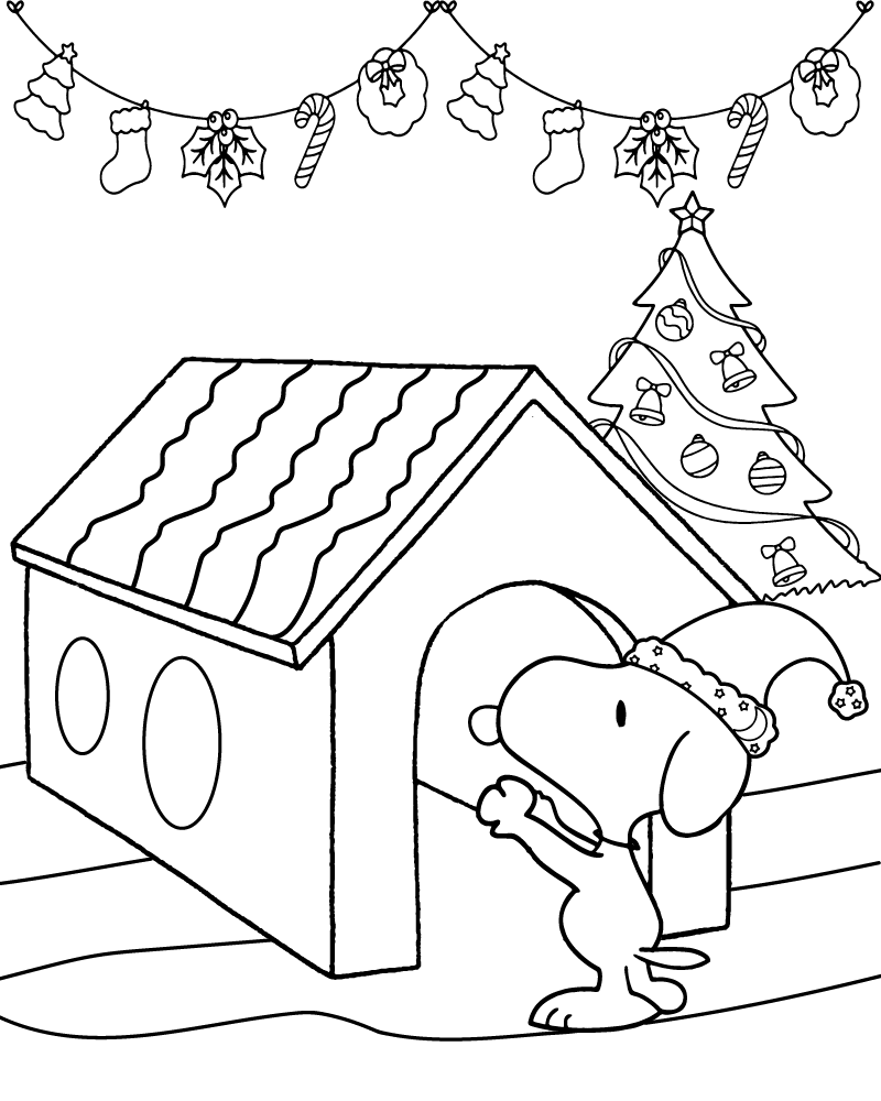 Desenho Snoopy Casa de Chachorro de Natal para Colorir e Pintar