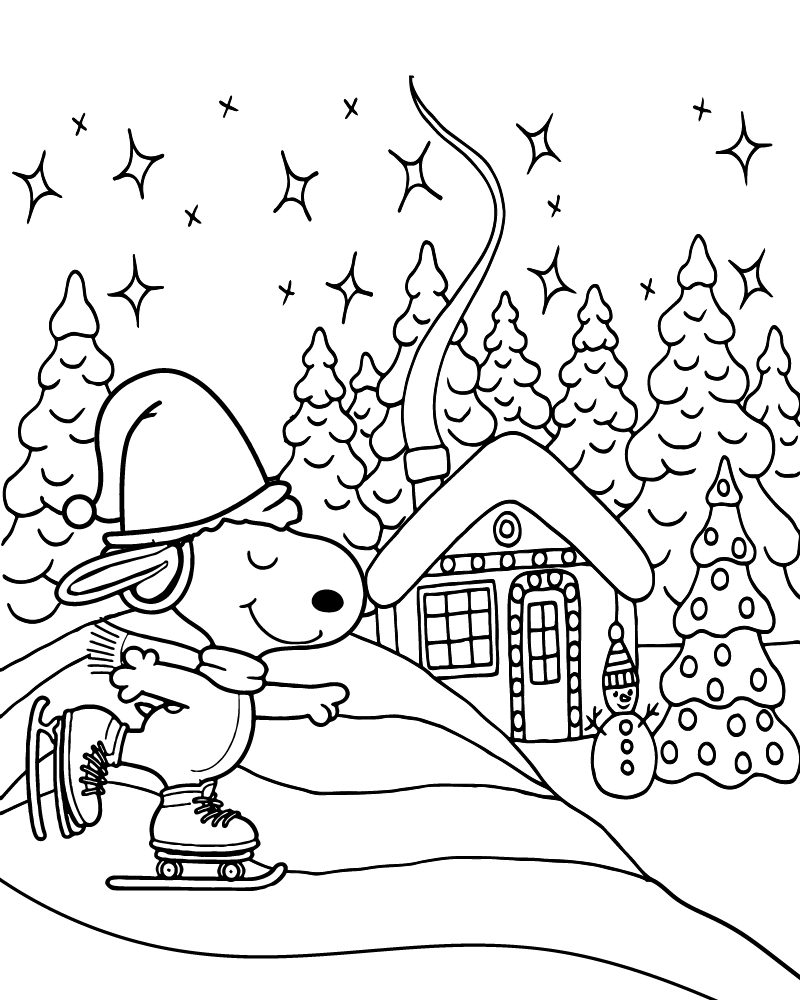 Desenho Snoopy Patinando no Gelo para Colorir e Pintar