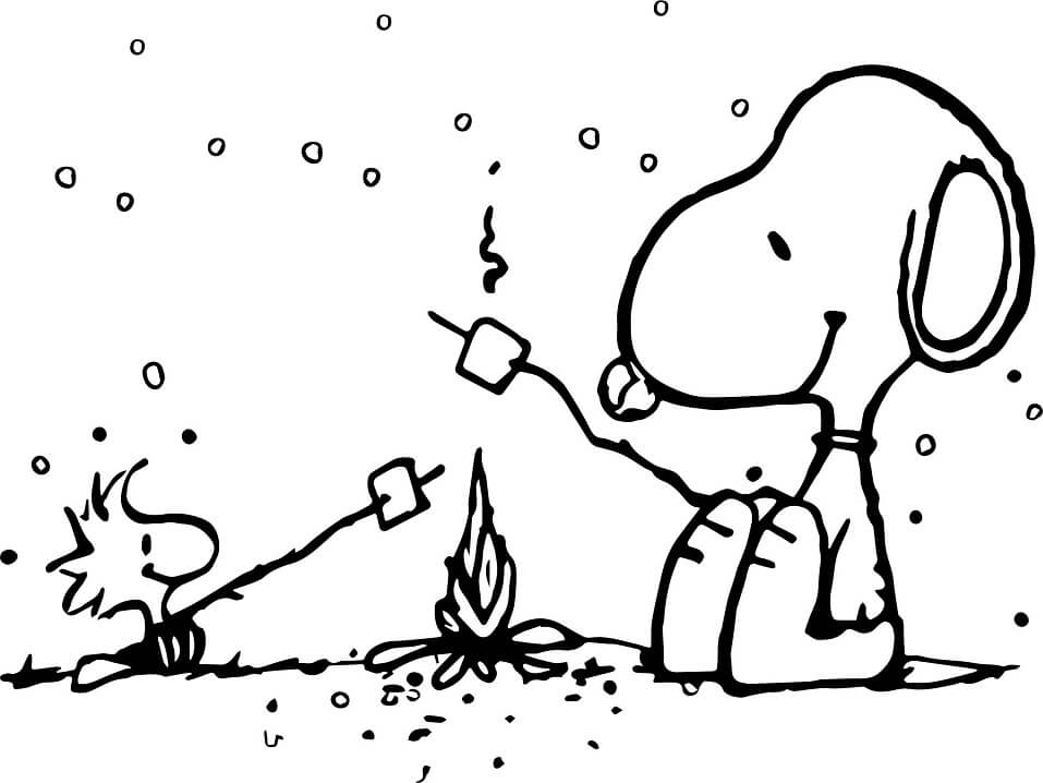 Desenho de Snoopy Acampando para Imprimir Pdf e Pintar