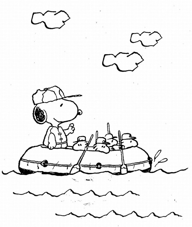 Desenho de Snoopy em Bote no Mar para Pintar com Tinta Guache