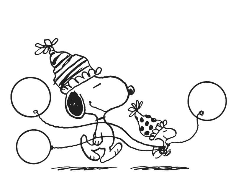 Desenho de Snoopy em Festa de Aniversário para Colorir Online Pdf e Pintar