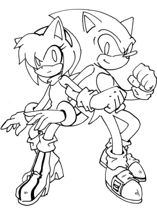 Desenho de Amy Rose com Sonic para Colorir