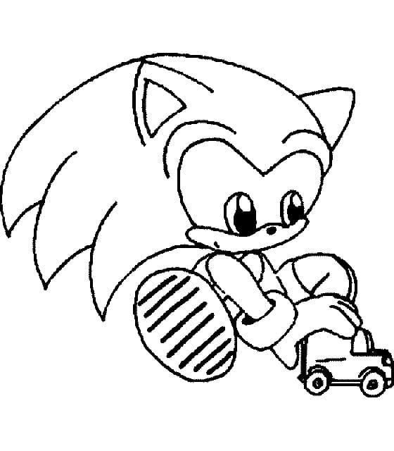 Desenho de Sonic Bebê Brincando com Carrinho para Colorir