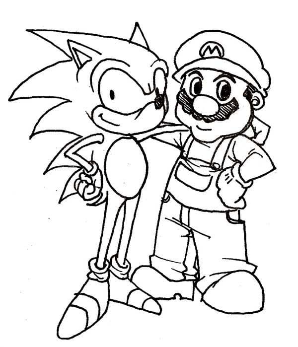 Desenho Simples do Mário e Sonic para Colorir