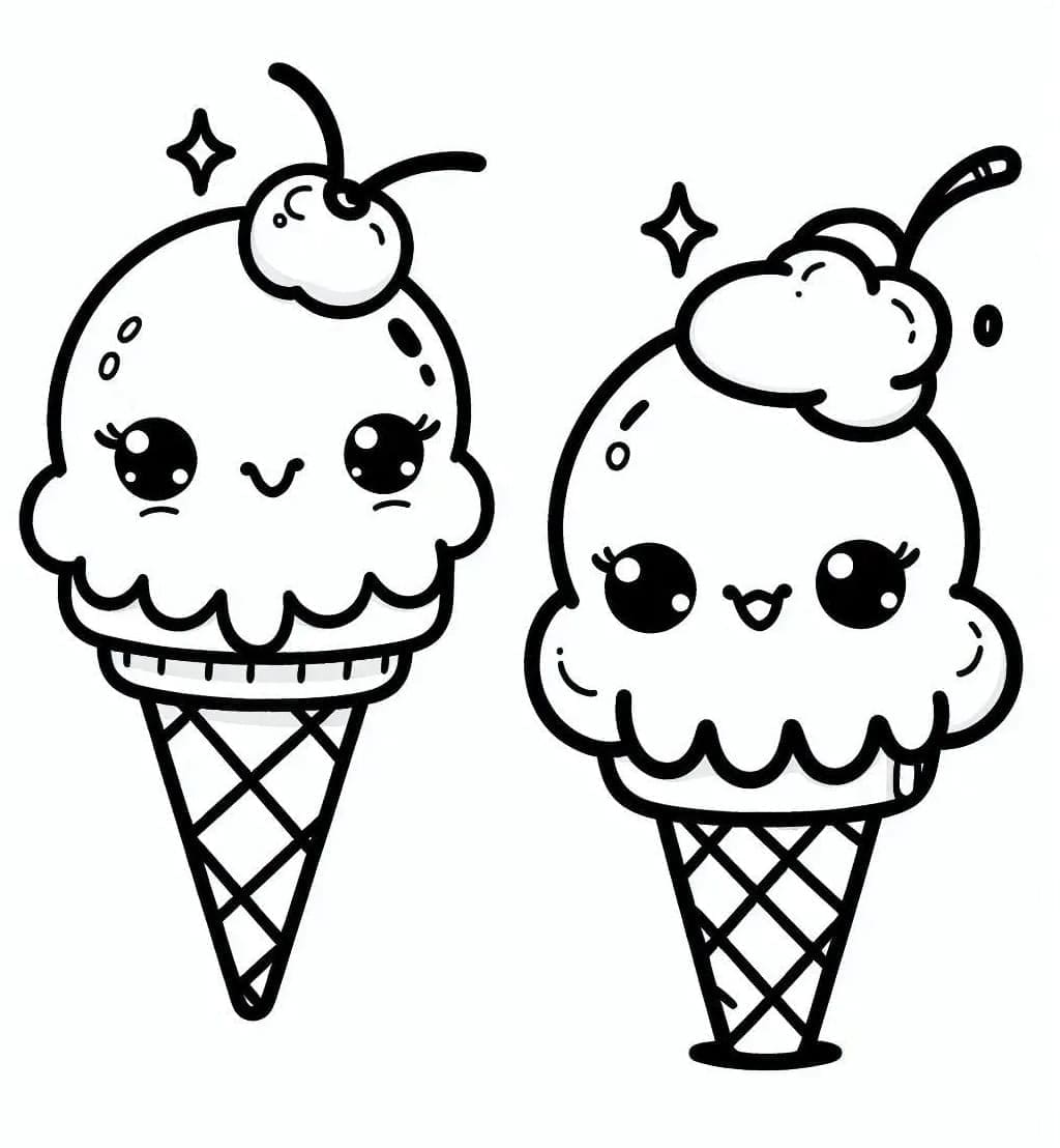 Desenho de Dois Sorvetes Kawaii para Colorir e Pintar
