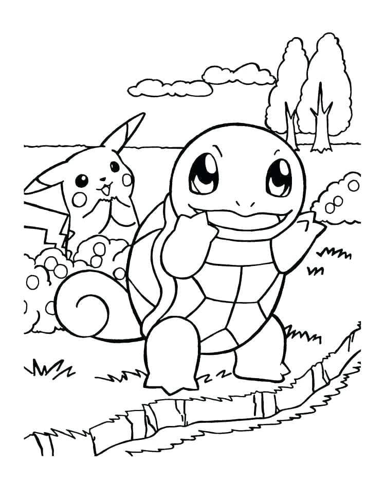 Desenho de Squirtle e Pikachu na Floresta para Pintar Download