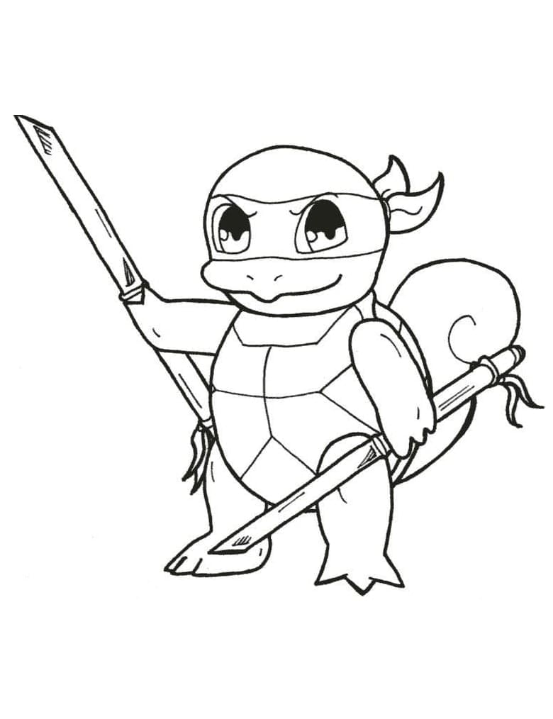 Desenho de Squirtle Roupa de Tartaruga Ninja para Imprimir e Colorir e Pintar