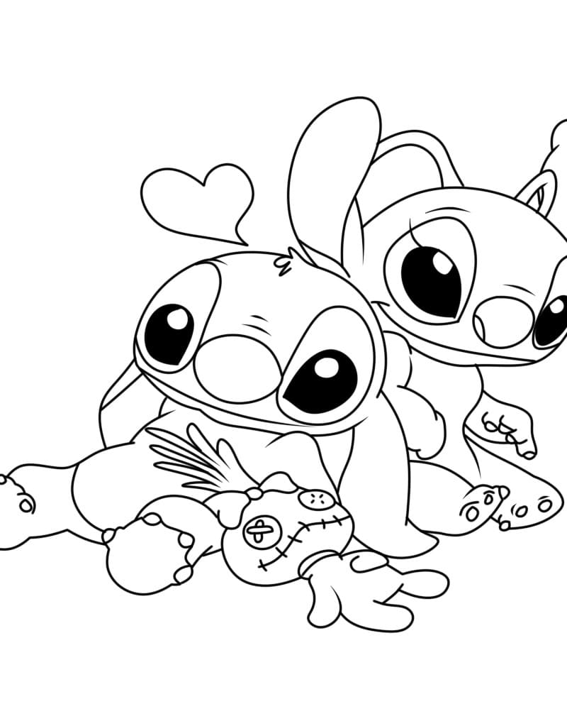 Desenho de Stitch e Angel Felizes para Colorir e Pintar