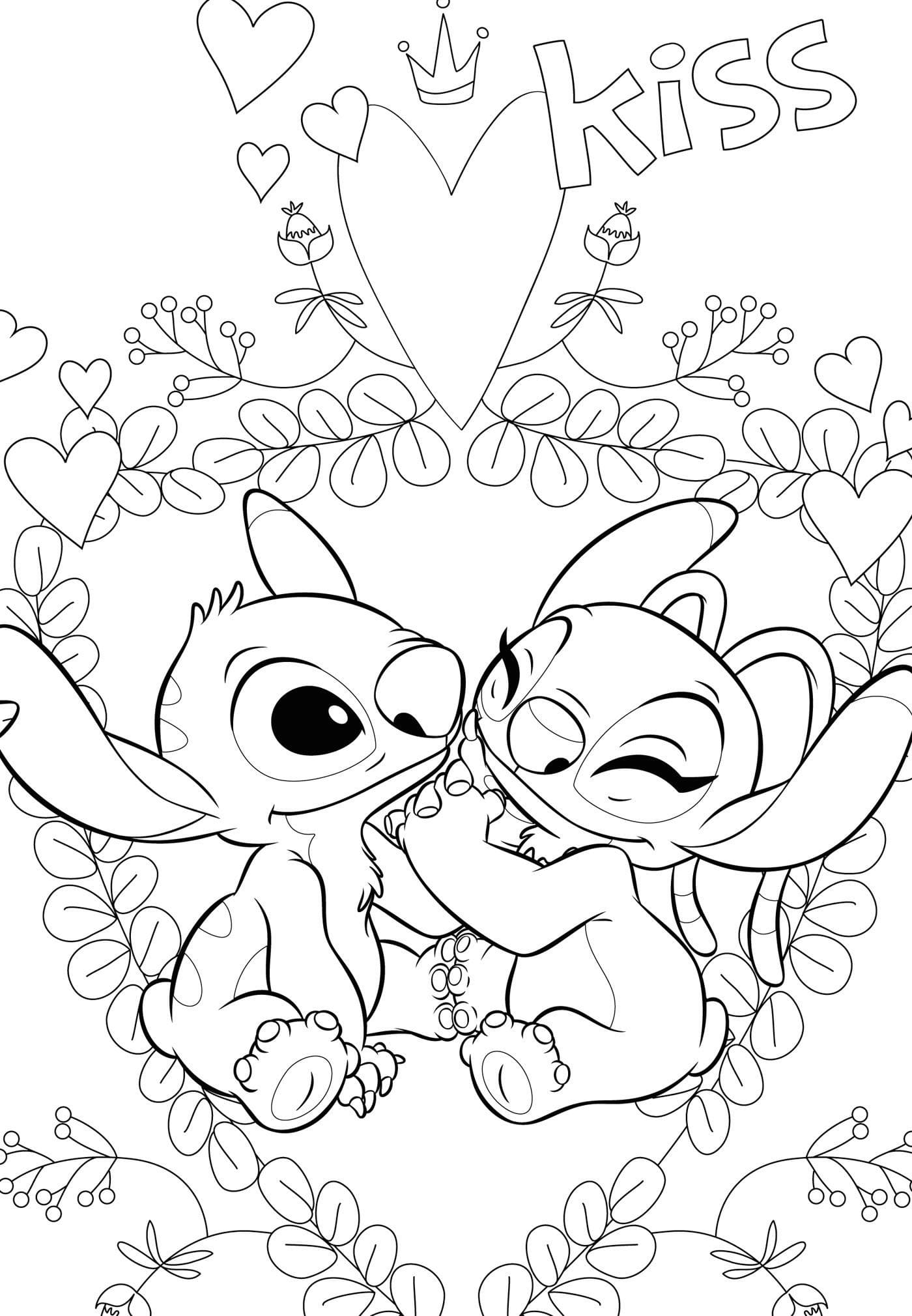 Desenho de Stitch e Angel Imprimivel para Colorir e Pintar