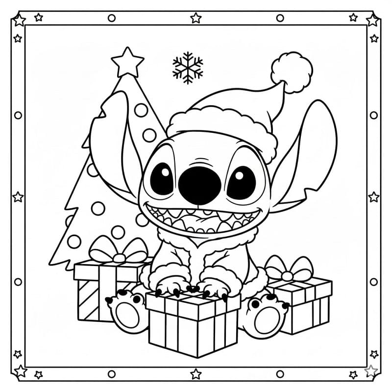 Desenho de Stitch Feliz no Natal para Colorir