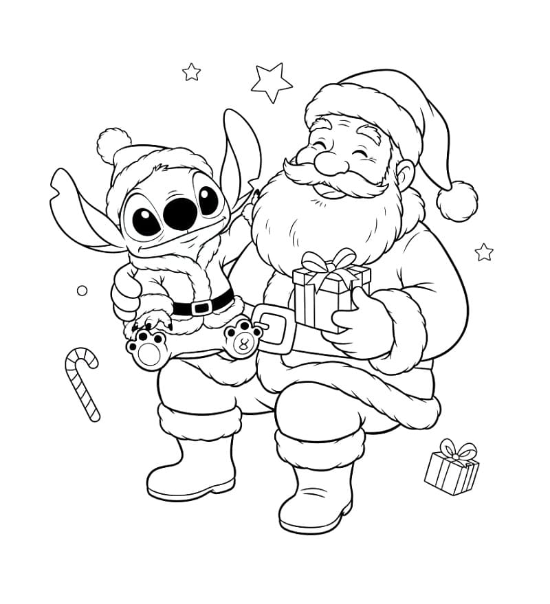 Desenho de Stitch e Papai Noel no Natal para Colorir