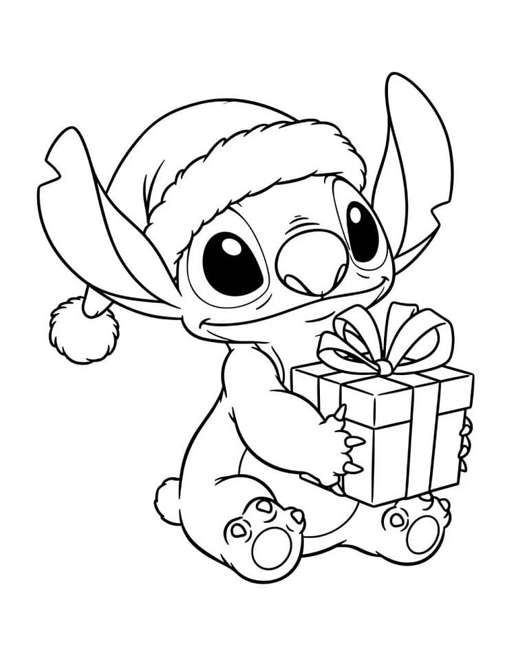 Desenho de Stitch e o Presente de Natal para Colorir