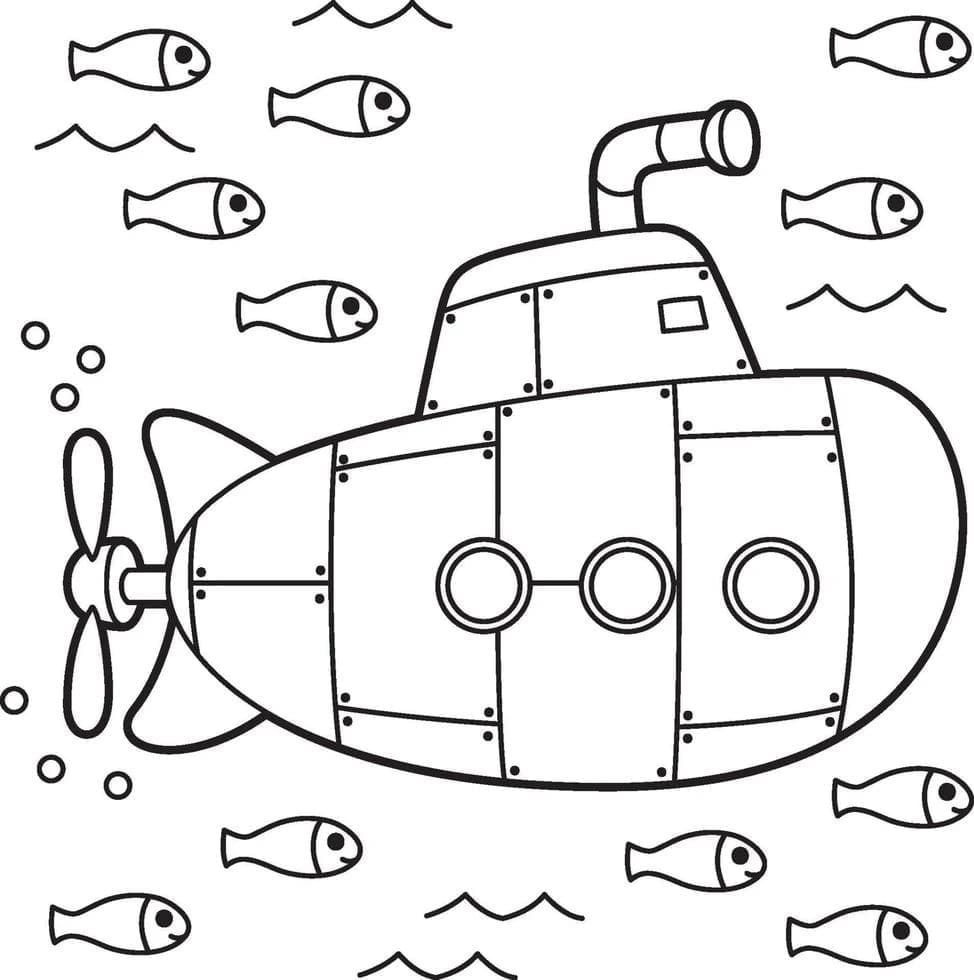 Desenho Submarino e Peixes para Colorir e Pintar