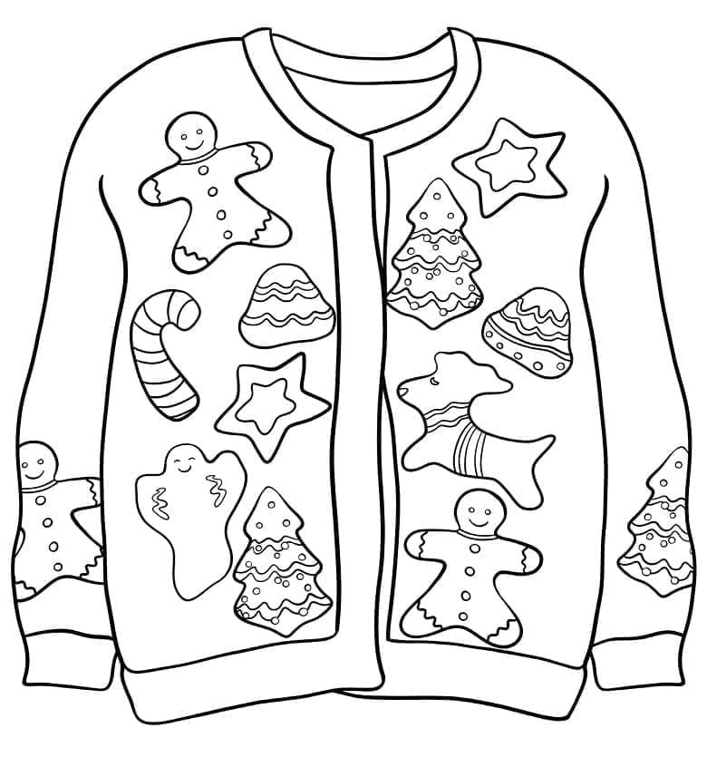 Desenho de Suéter de Natal com Biscoitos Natalinos para Colorir e Pintar