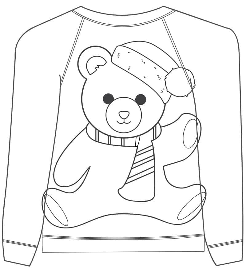 Desenho de Suéter de Natal com Urso de Pelúcia para Colorir e Pintar