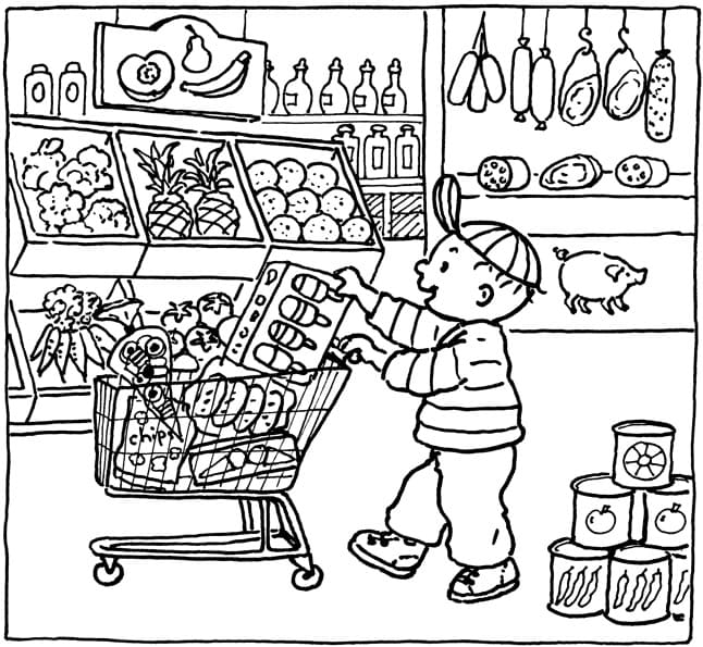 Desenho de Menino no Supermercado para Colorir e Pintar