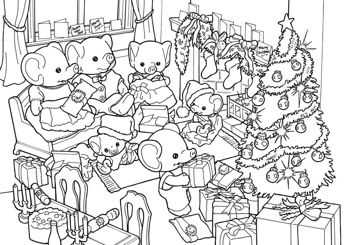 Desenho de Natal das Sylvanian Families para Colorir e Pintar