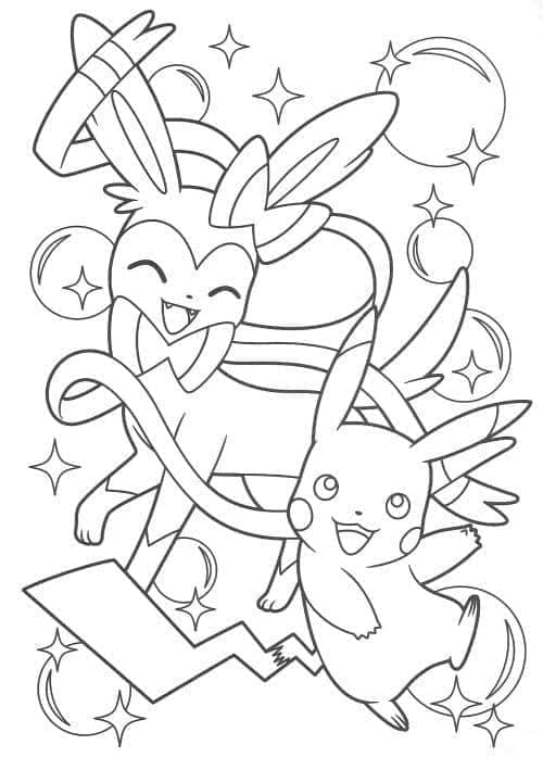 Desenho de Sylveon e Pikachu para Colorir e Pintar