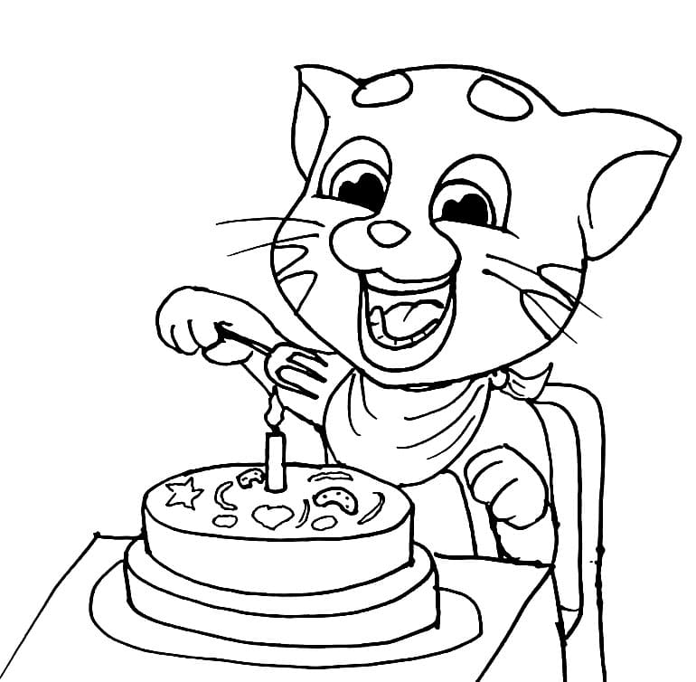 Desenho de Talking Tom Comendo Bolo de Aniversário para Colorir Download e Pintar