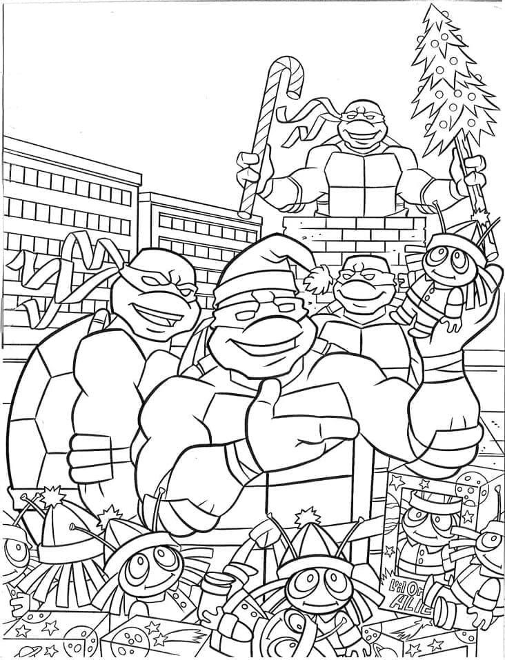 Desenho de Tartarugas Ninja no Natal para Colorir e Pintar