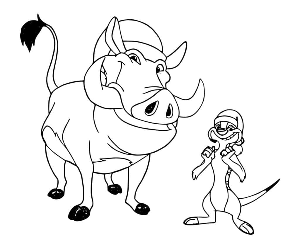 Desenho de Timão e Pumba no Natal para Colorir e Pintar