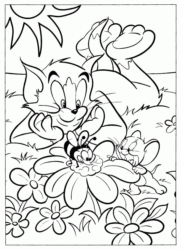 Desenho de Tom e Jerry Brincando no Jardim para Colorir e Imprimir Grátis e Pintar