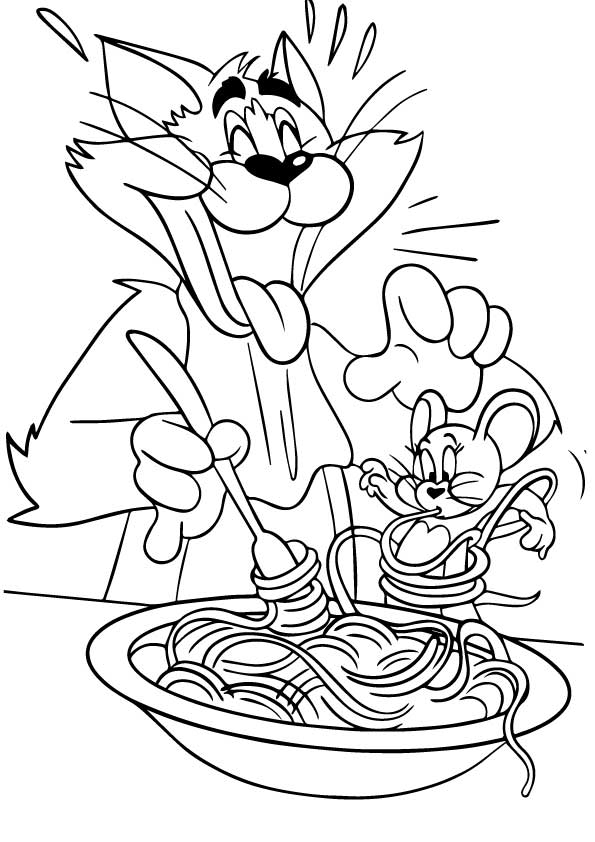 Desenho de Tom e Jerry Comendo Macarrão Pdf para Colorir e Pintar