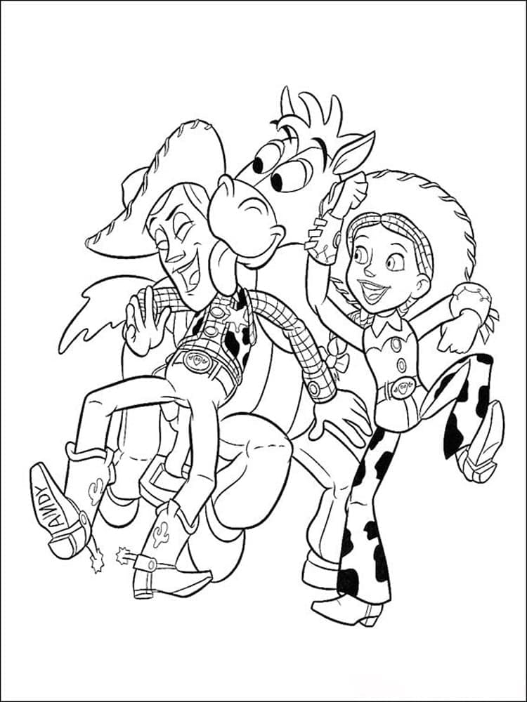 Desenho de Woody Bullseye e Jessie Toy Story para Colorir e Pintar