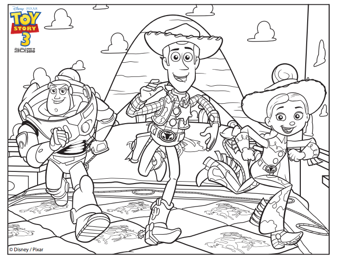 Desenho Imprimivel de Buzz Woody Jessie A4 para Colorir Grátis e Pintar