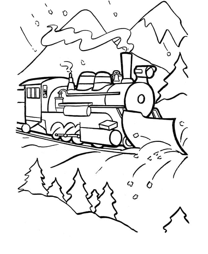 Desenho de Trem de Inverno para Colorir e Pintar