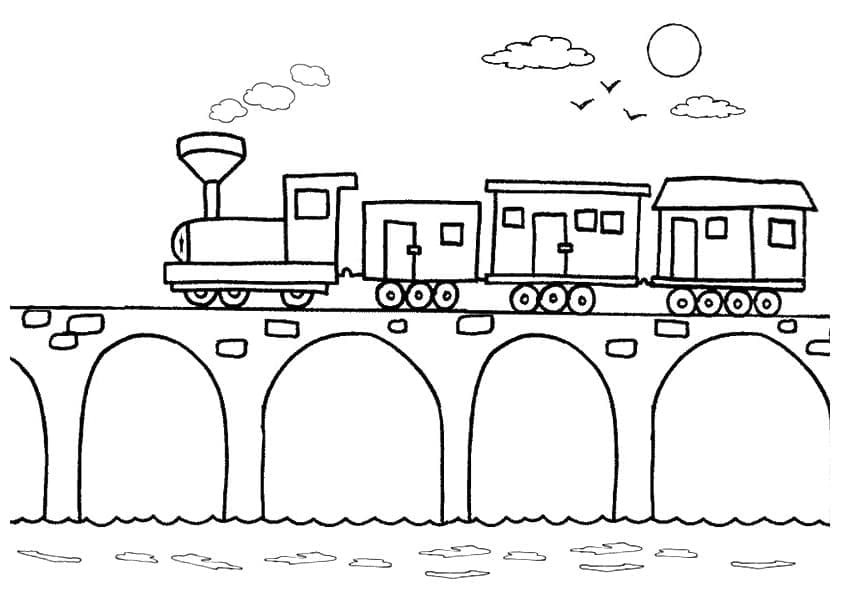 Desenho de Trem na Ponte para Colorir e Pintar