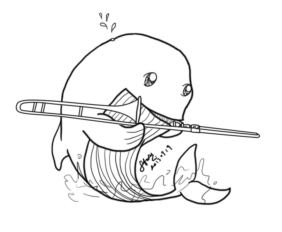 Desenho de Baleia Tocá Trombone para Colorir e Pintar