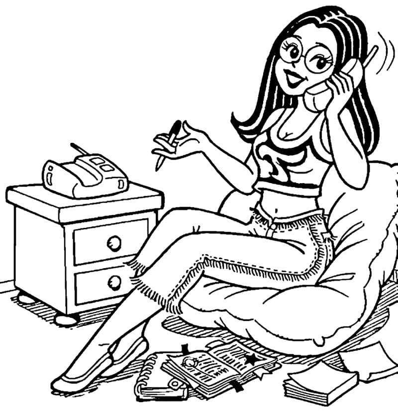 Desenho Monica Jovem Falando ao Telefone para Colorir e Pintar